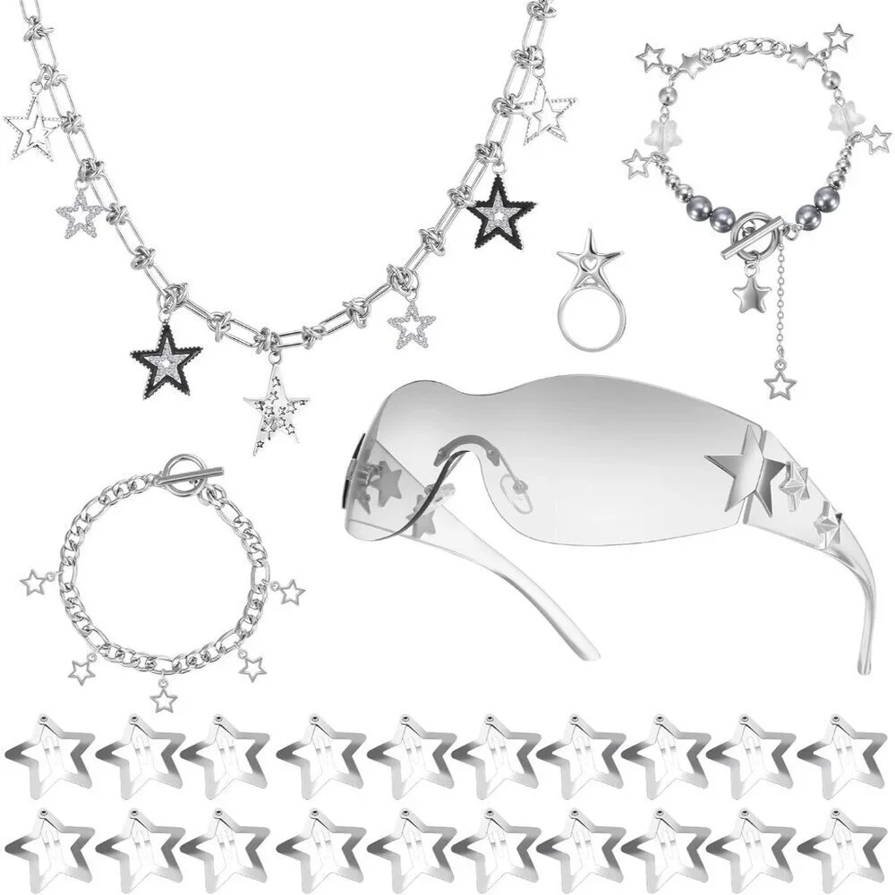 Y2K Silver Necklace Set with Star Bracelets Sunglasses Hair Clips for Women